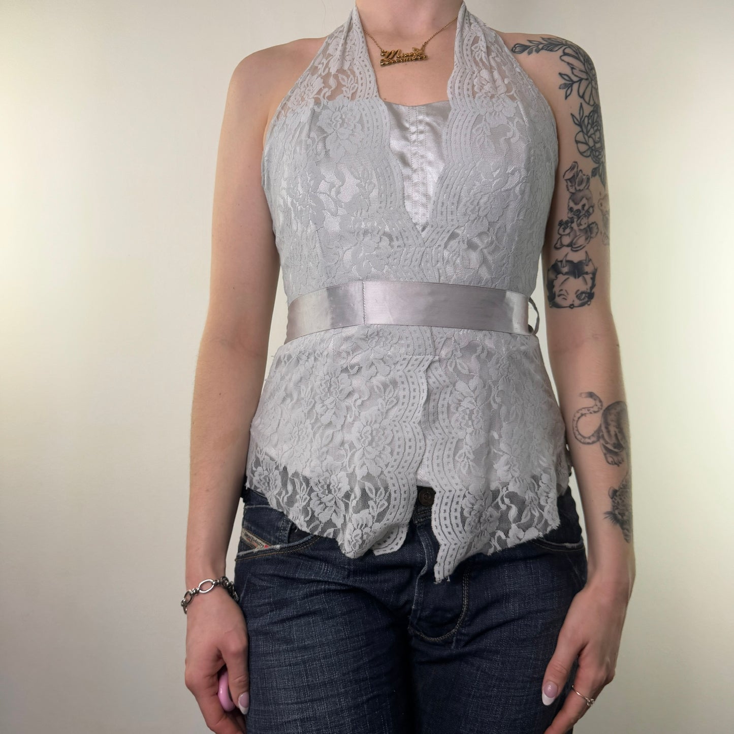 Y2K vintage halter neck lace boned top