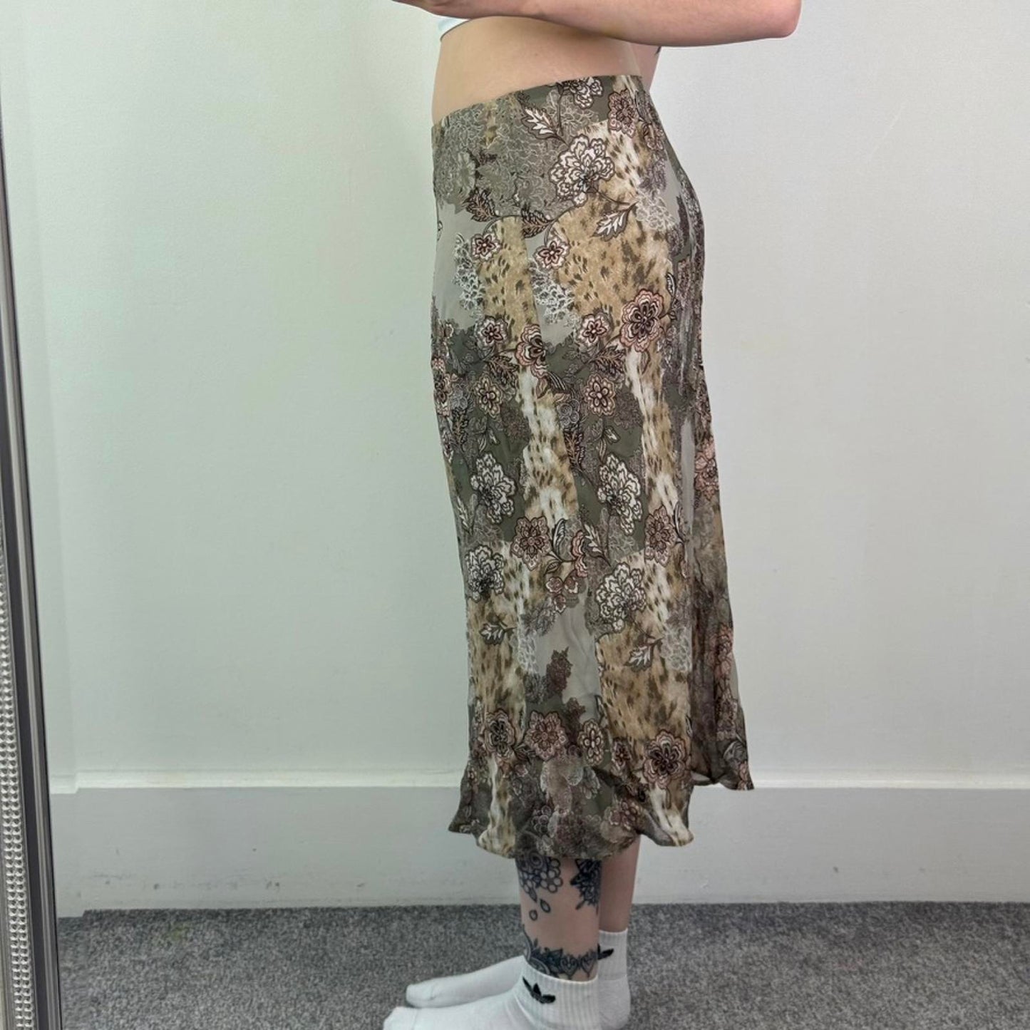 Y2K vintage midi skirt floral print leopard stretch knee length khaki pink brown