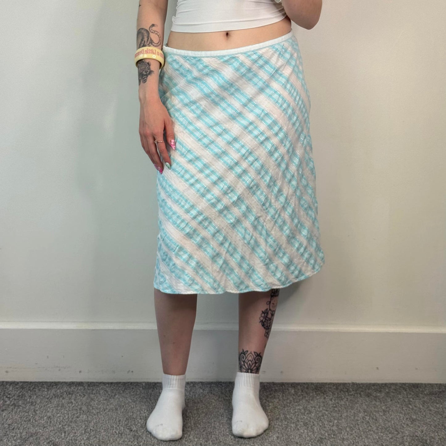 Y2K vintage stripe sparkly midi skirt diagonal white baby blue stripy a line