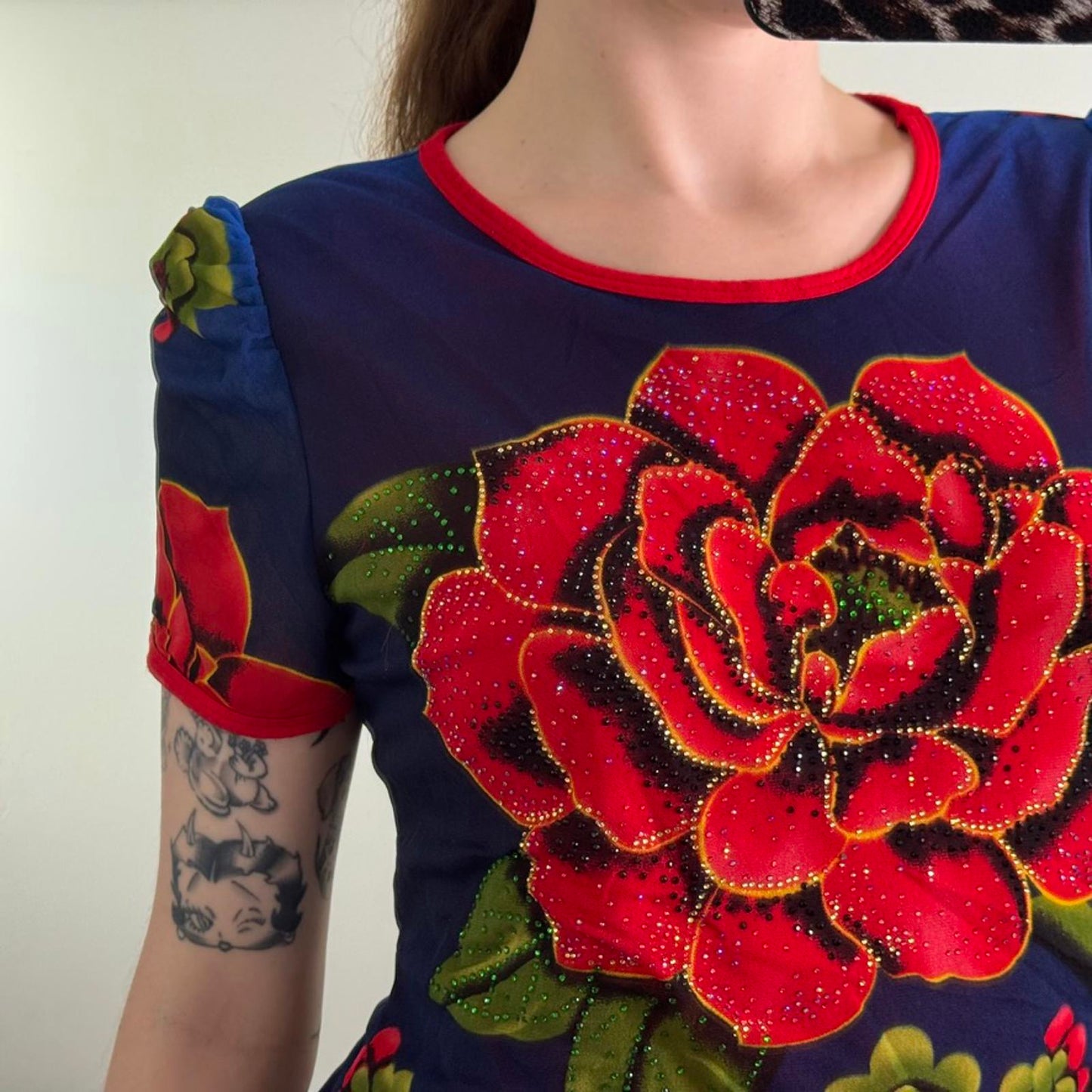 Y2K vintage double mesh stretchy t shirt top rose floral studded puff sleeve