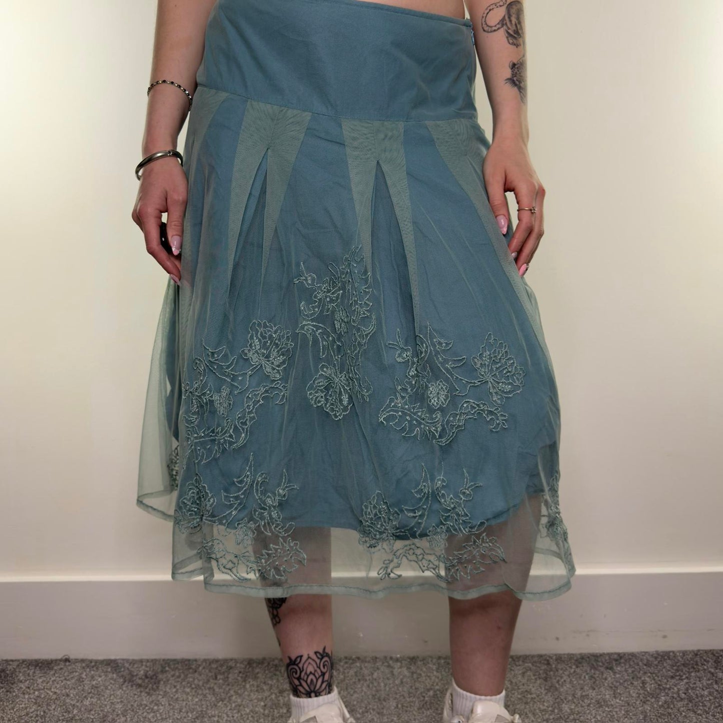 Y2K vintage mesh fishnet double layered midi skirt a line floral embroidered