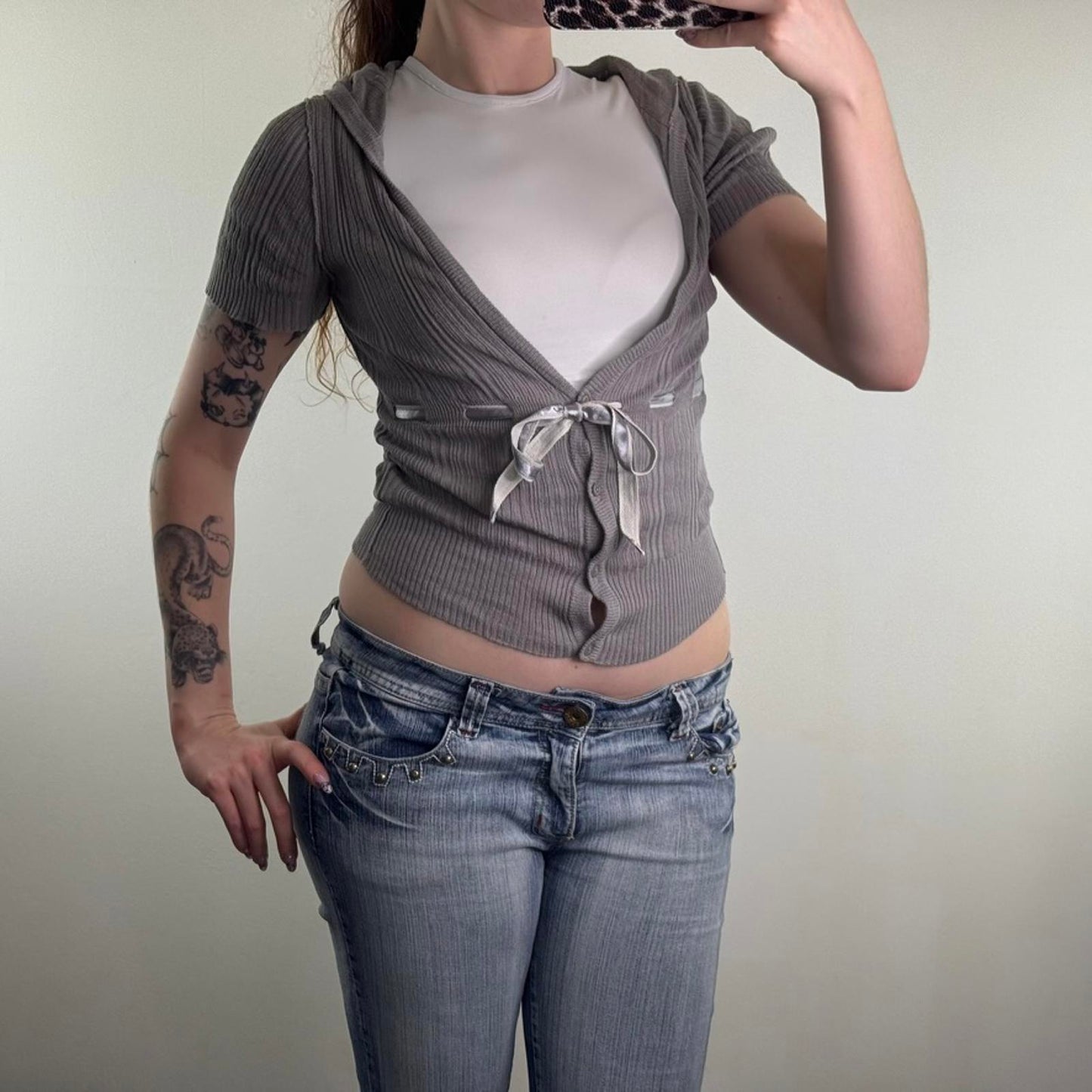 Y2K vintage fine knit short sleeve hoodie bow deep v neck low cut button up