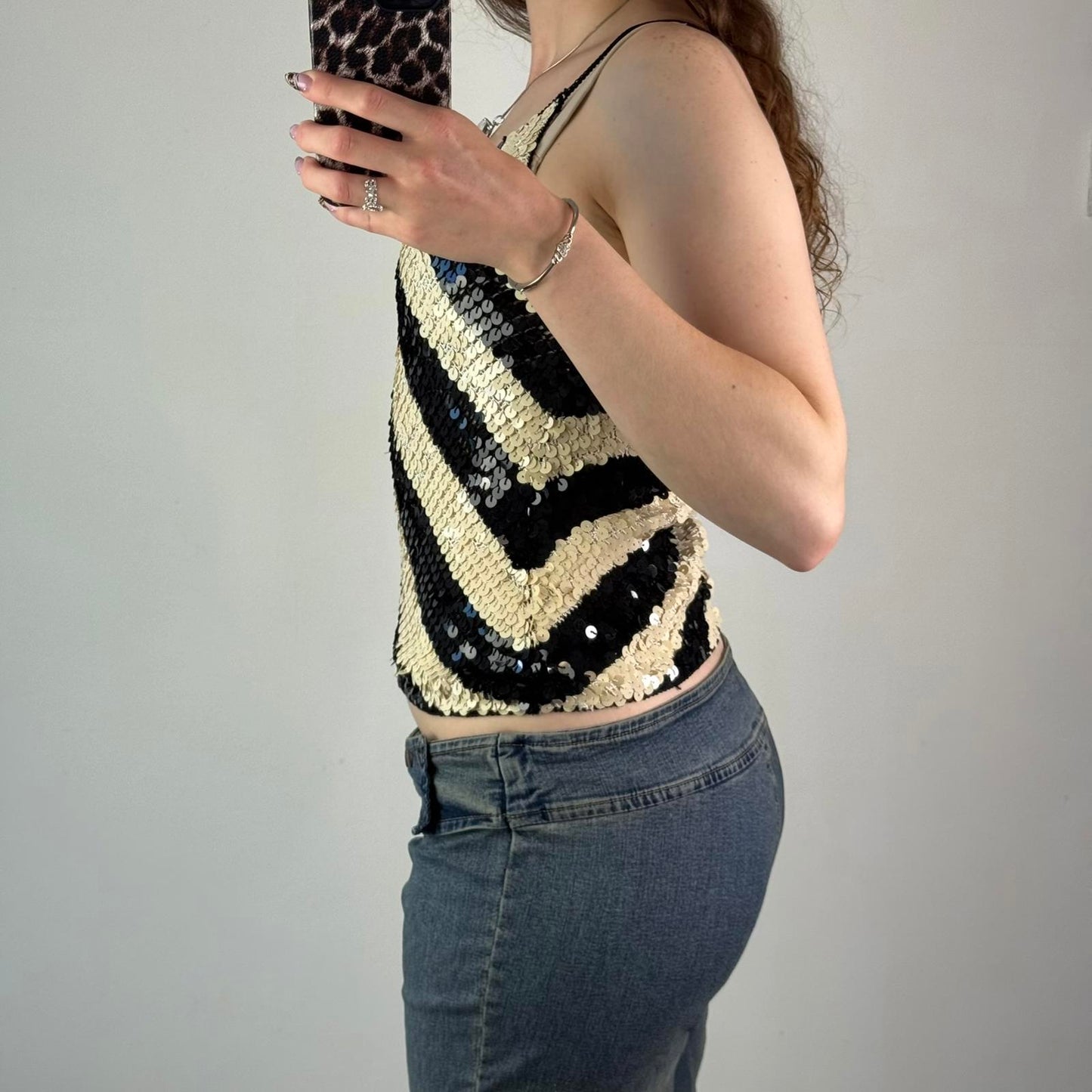 Y2K vintage sequin stripe cami top round neck crochet knit strappy festival