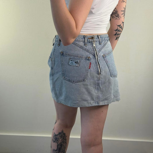 90s Y2K vintage denim mini skirt zipper fraying hem light blue wash mid rise