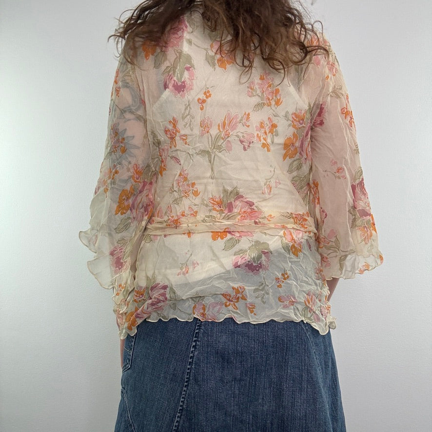 Y2K silk floaty sheer bow flare sleeve top