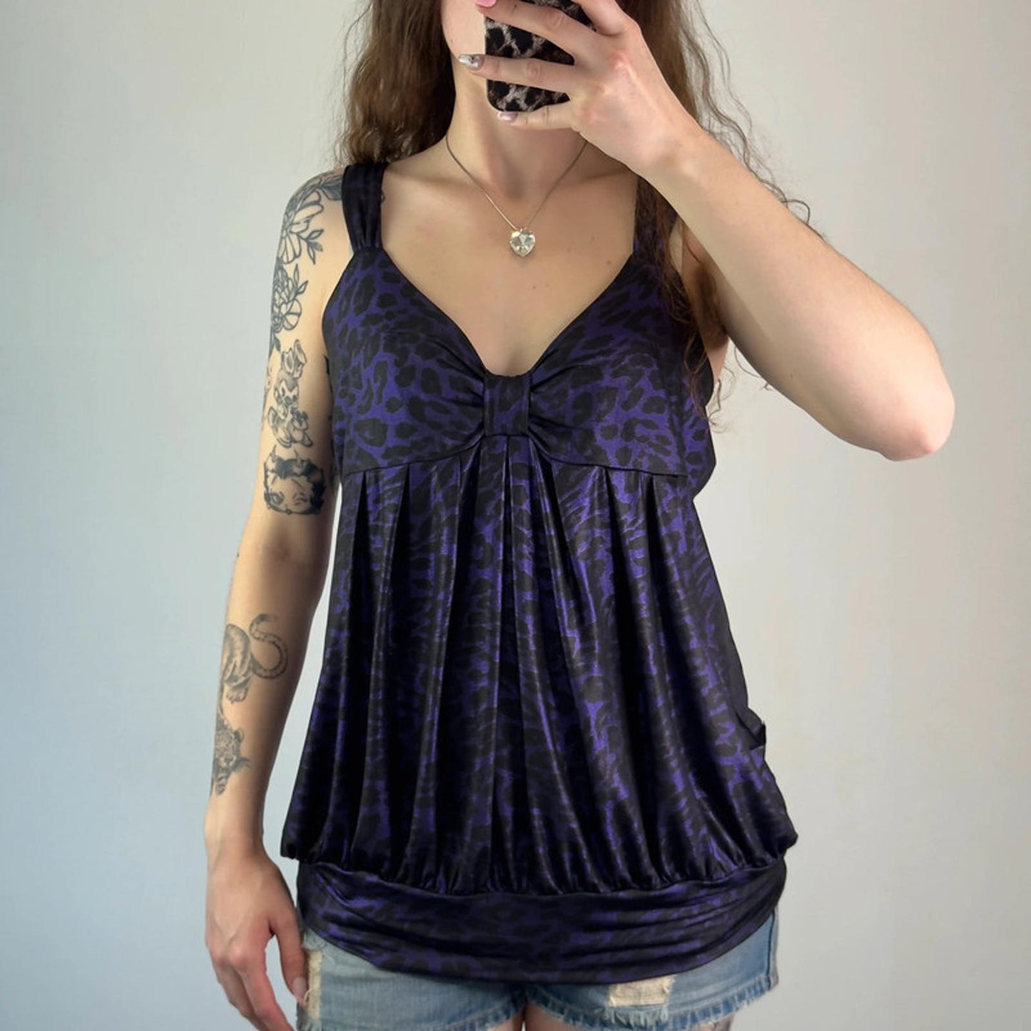 Y2K vintage party leopard print stretchy peplum top shiny pockets bow bust