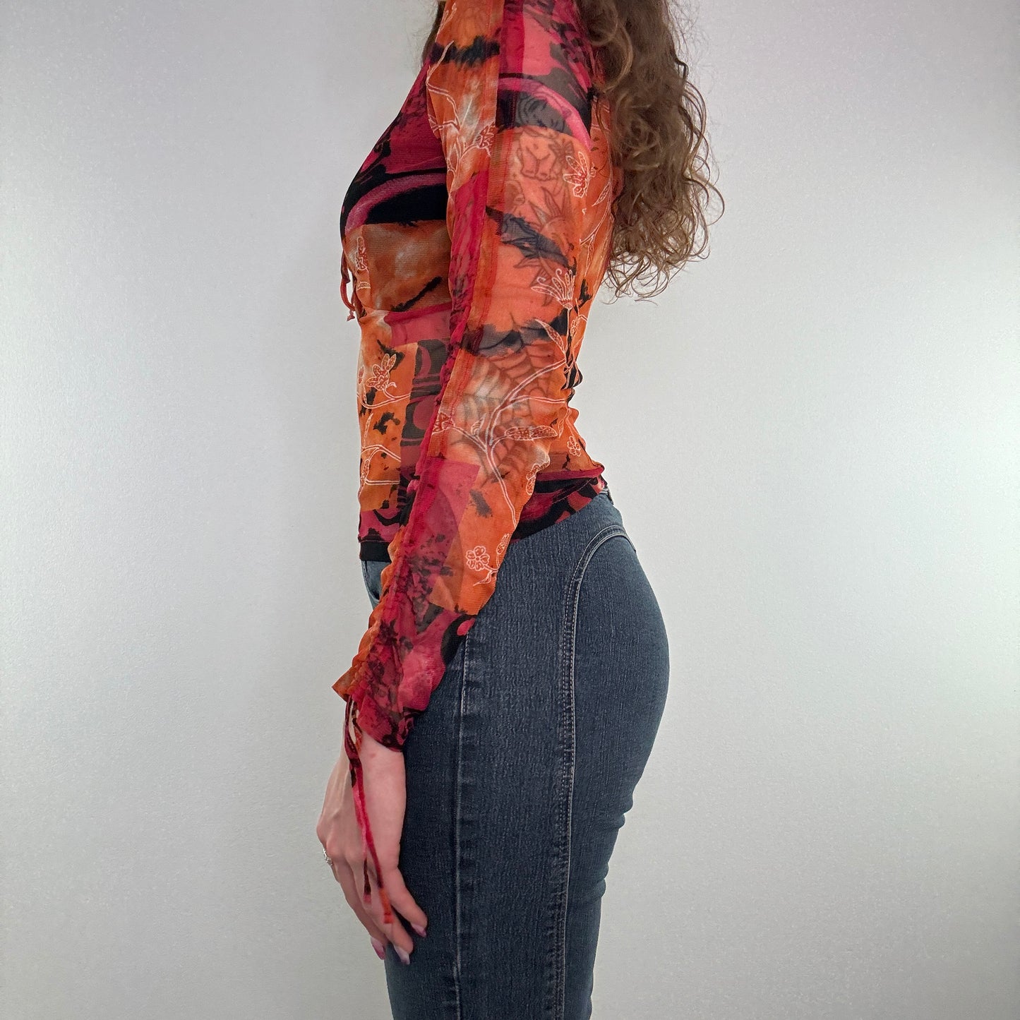 Y2K floral mesh long sleeve ruched bow top