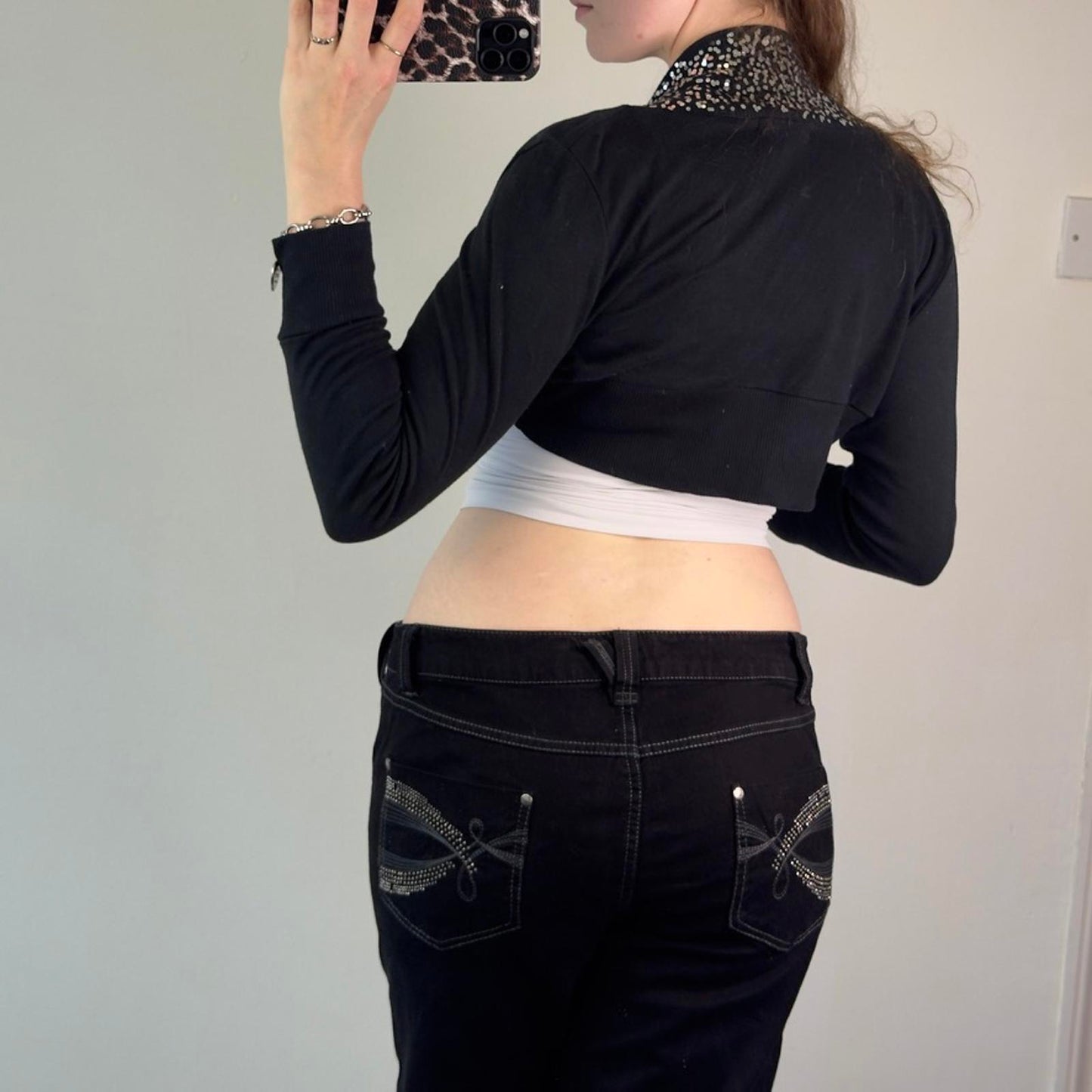 Y2K vintage black cropped cardigan bolero silver sparkly glitter long sleeve