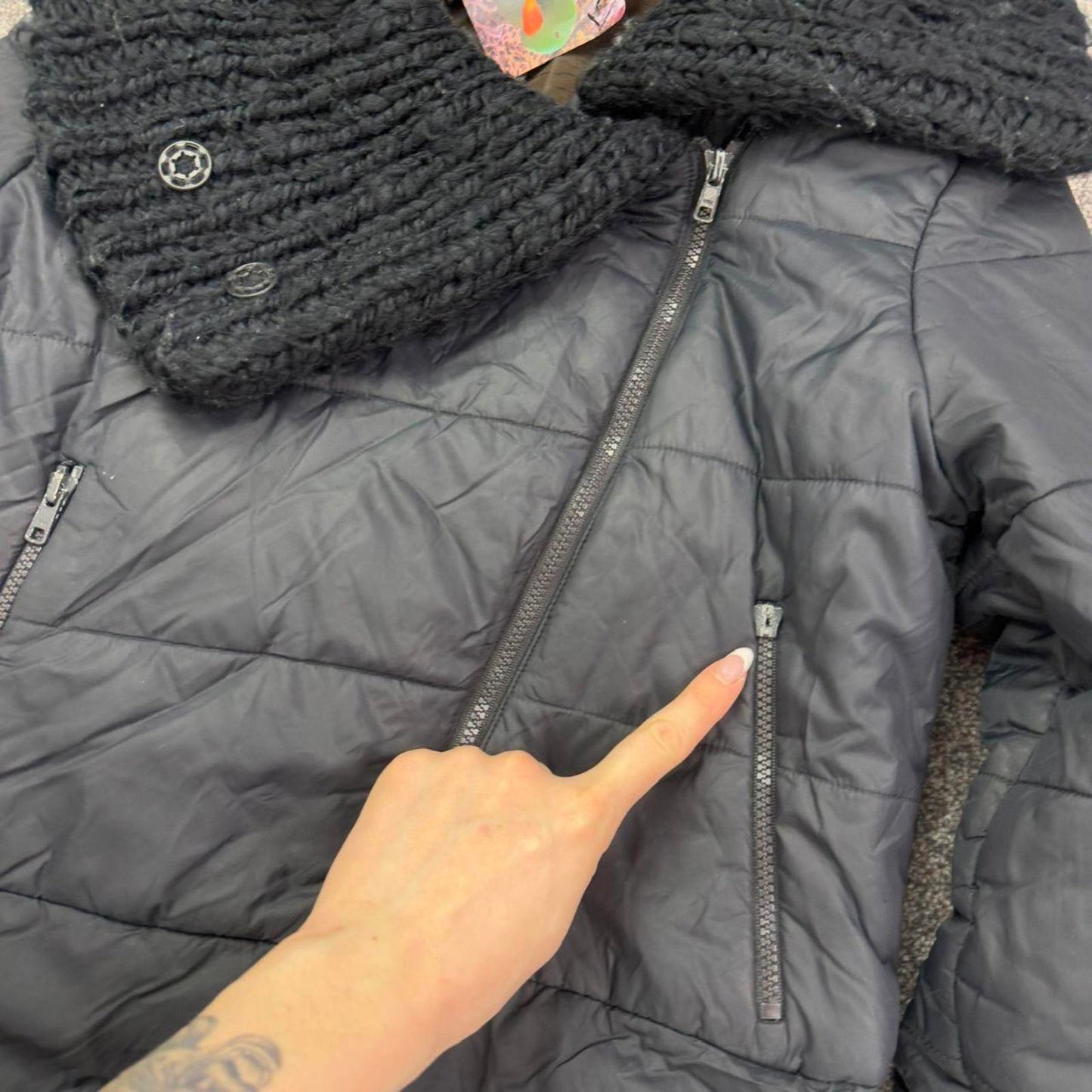 Y2K vintage Kookai short puffer coat asymmetrical zipper jacket knitted collar