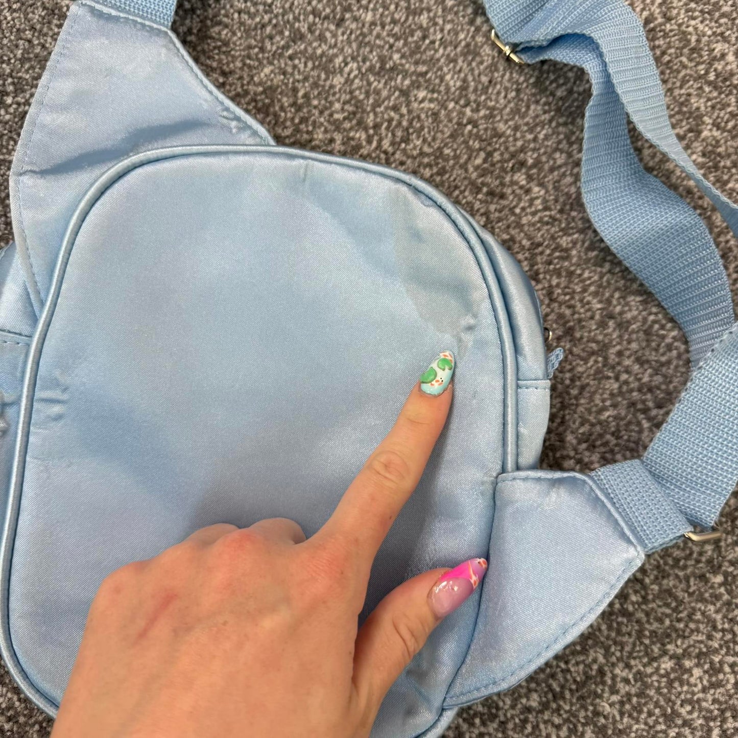 90s Y2K vintage satin cargo embroidered side crossbody bag baby blue small