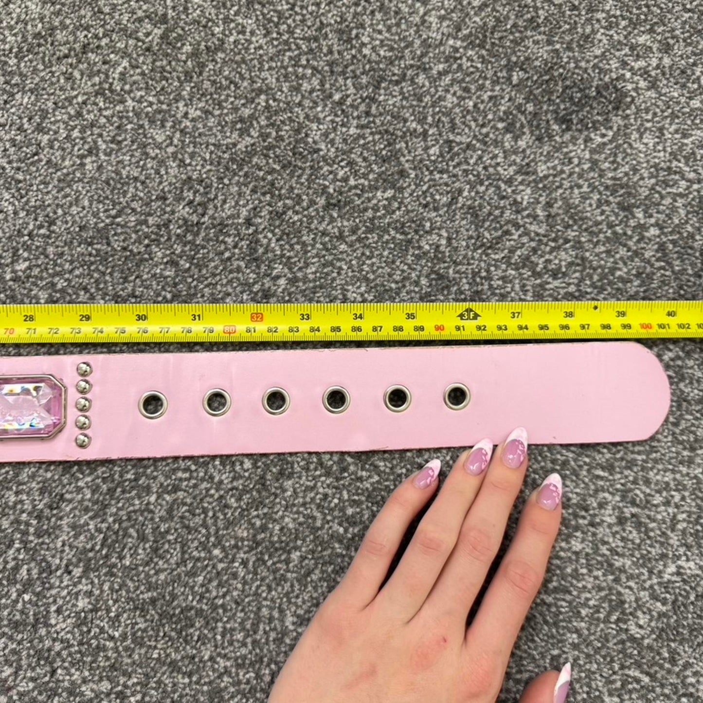 Y2K vintage faux leather chunky belt mcbling rhinestone studded baby pink silver