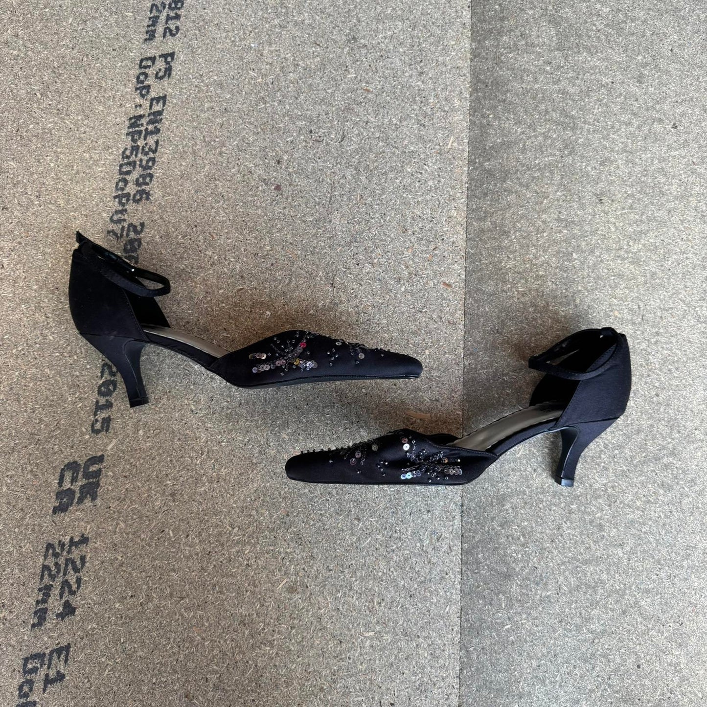 Y2K vintage kitten heel beaded embellished sequin ankle strap pointed toe satin