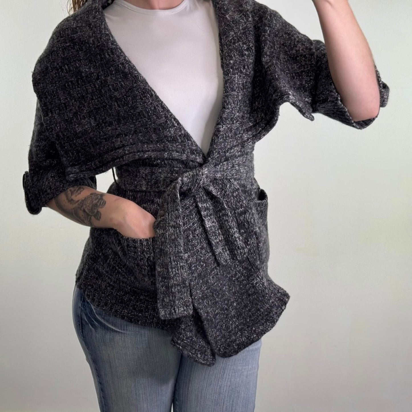 Vintage Karen Millen cashmere angora wool blend short sleeve cardigan belt