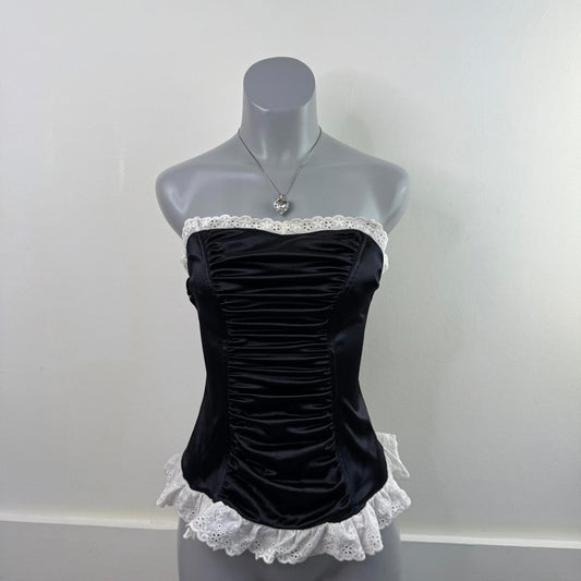 Y2K vintage boned corset bustier top ruched satin strapless frilly coquette