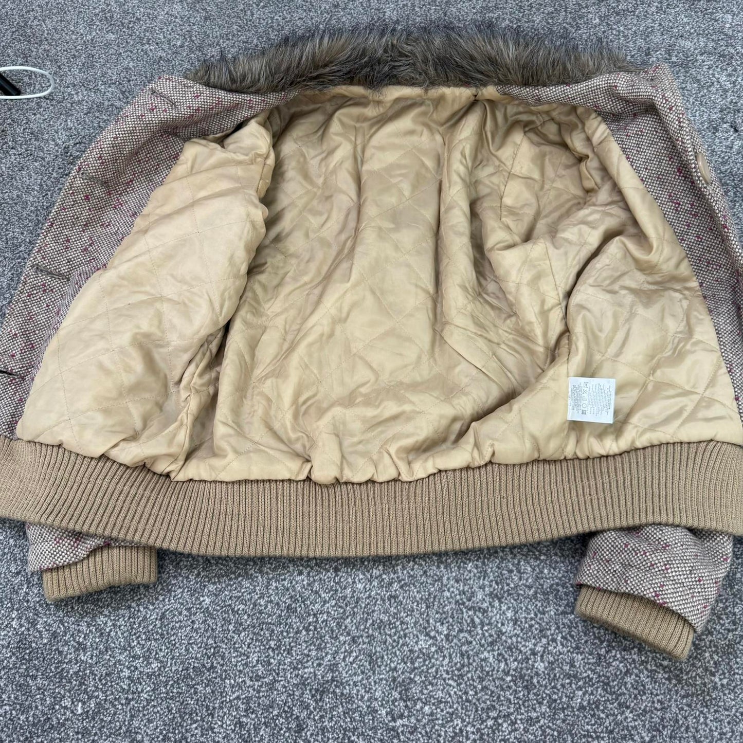 Y2K vintage tweed wool blend button up coat winter jacket faux fur trim collar