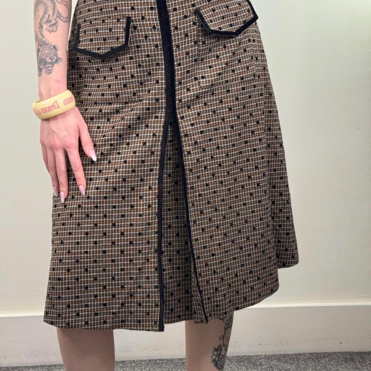 Y2K vintage polka dot midi skirt a line houndstooth velvet trim flowy circle