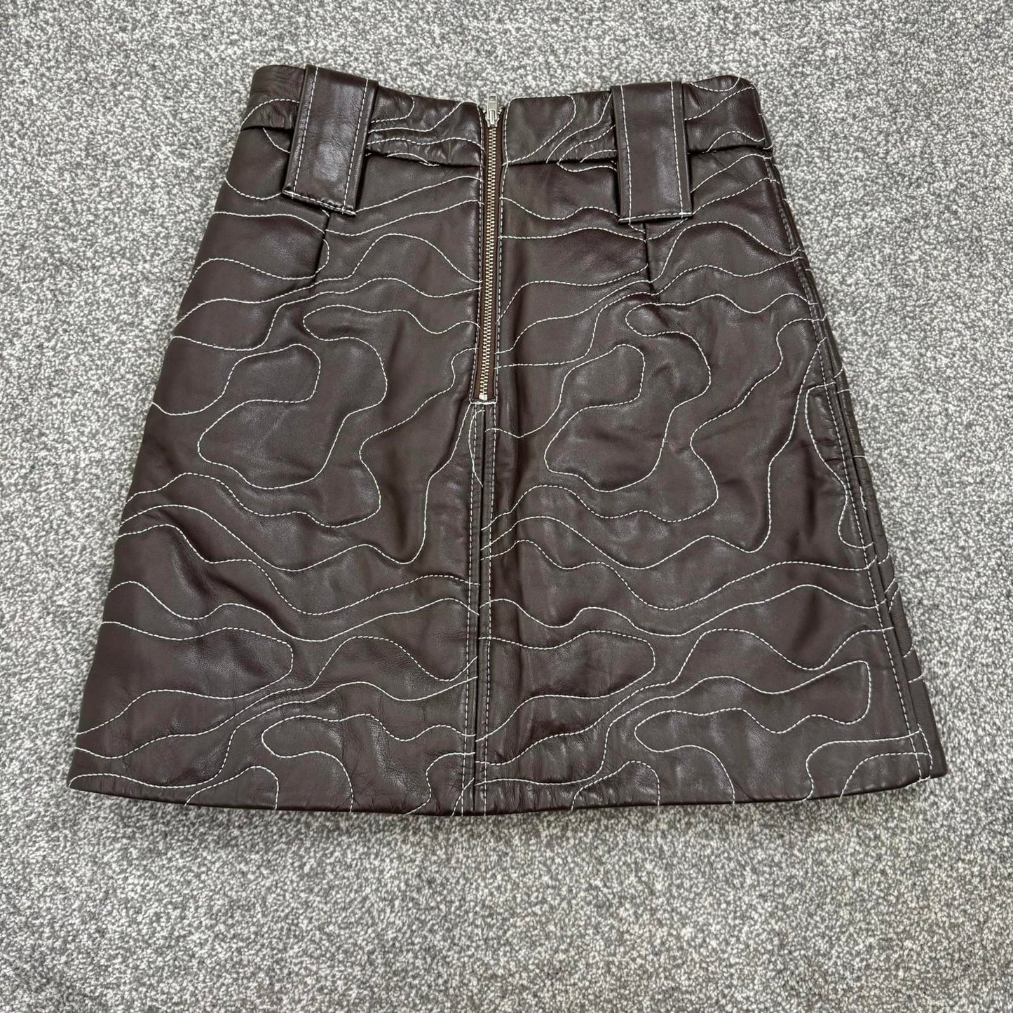 Ganni genuine lamb leather wavy mini skirt brown white pattern