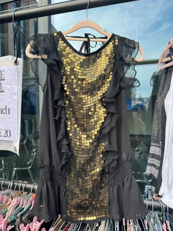 Y2K vintage sequin ruffle top gold black sleeveless blouse sheer