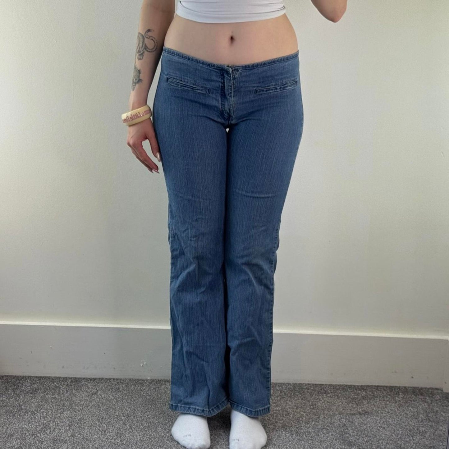 Y2K vintage stretchy mid rise flare denim jeans light blue wash bootcut
