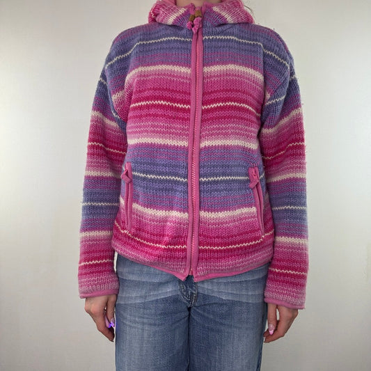 Pachamama wool knit hoodie fleece lined zip up stripe