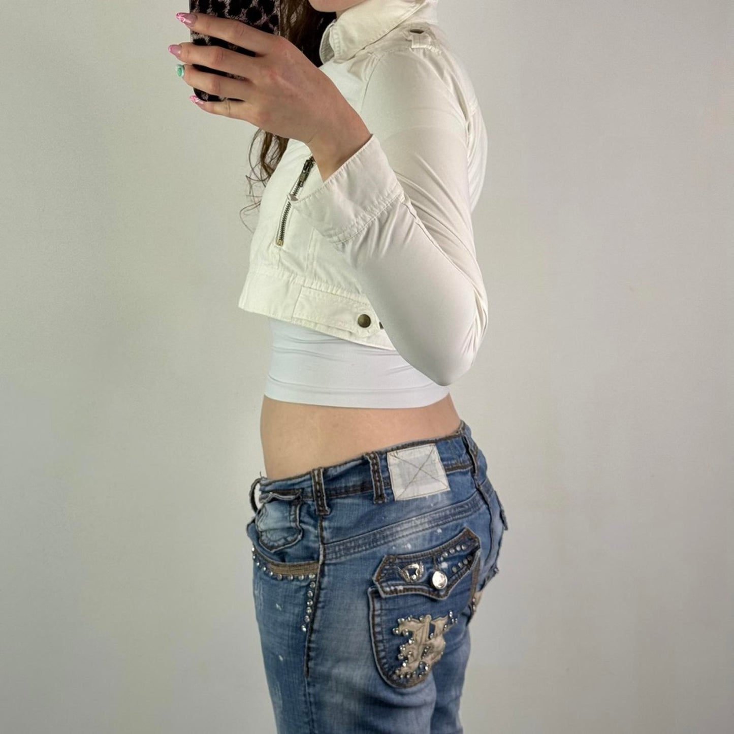 Vintage cropped fitted long sleeve jacket lightweight asymmetrical zipper XS