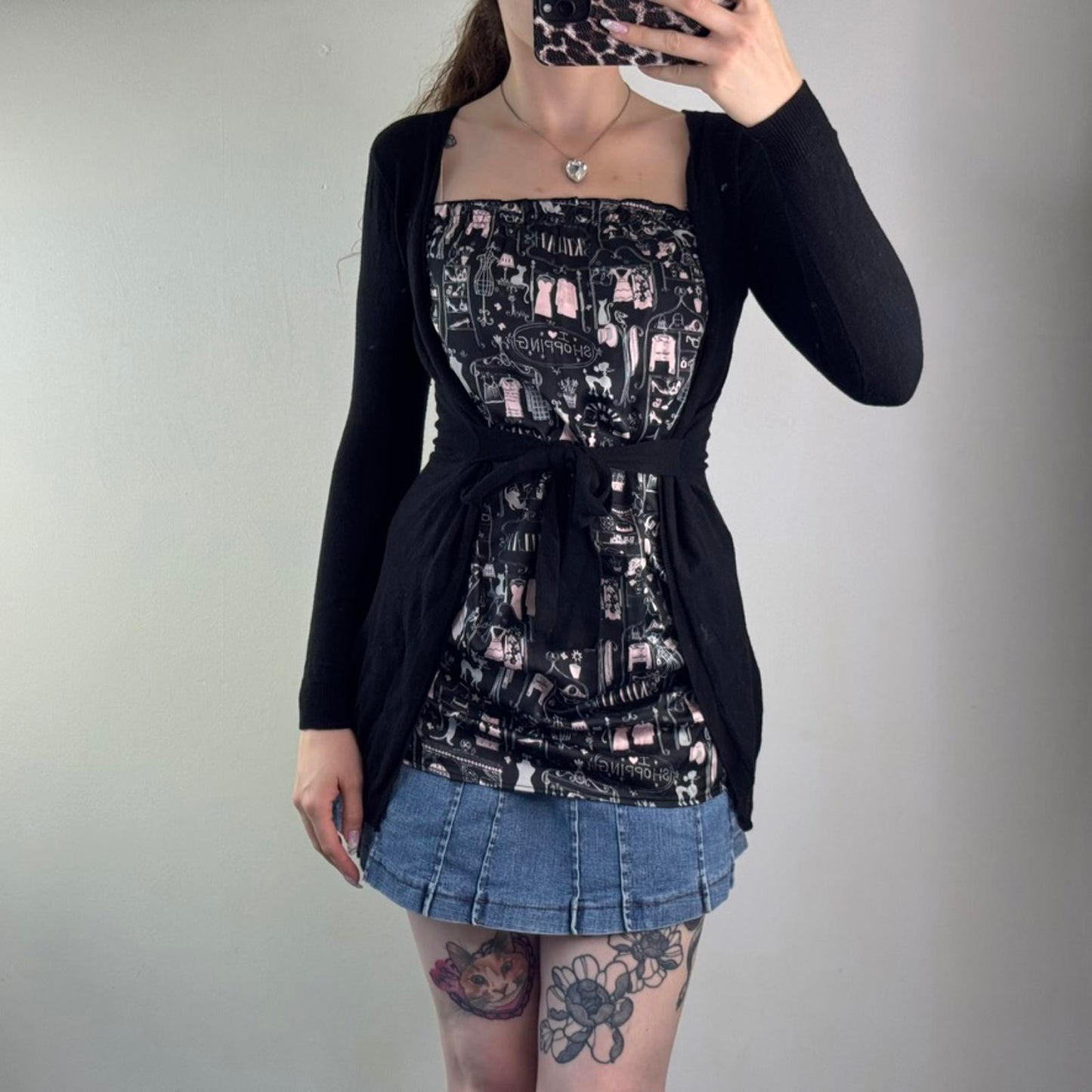 Y2K vintage Killah long sleeve knit top built in cardigan with belt satin print