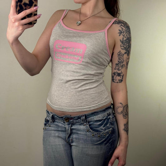 Y2K vintage cami top cream crackered slogan grey pink strappy fitted stretchy
