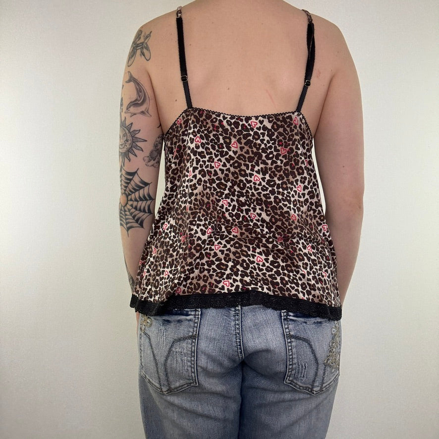 Y2K vintage leopard cami top padded bra built in support lace heart charm print