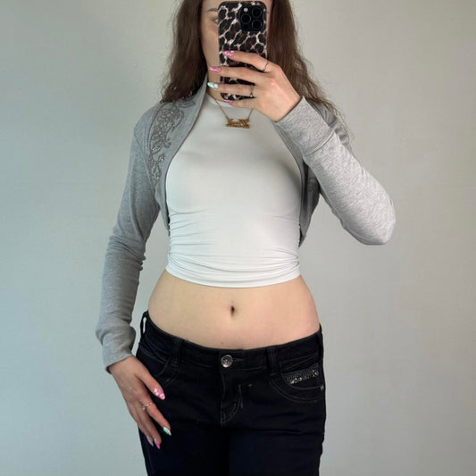 Y2K vintage grey cropped cardigan bolero floral sparkly glitter long sleeve