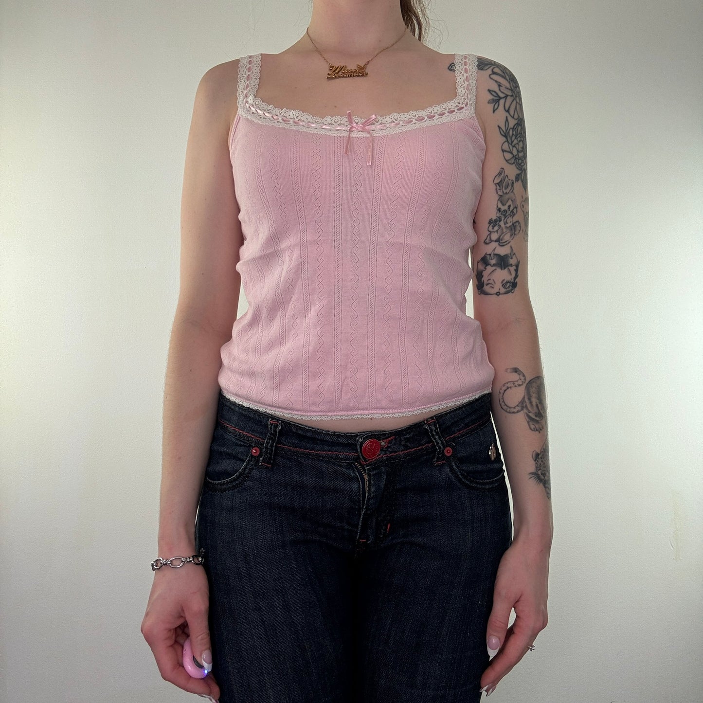 Y2K vintage pink lace trim knitted bow cami top