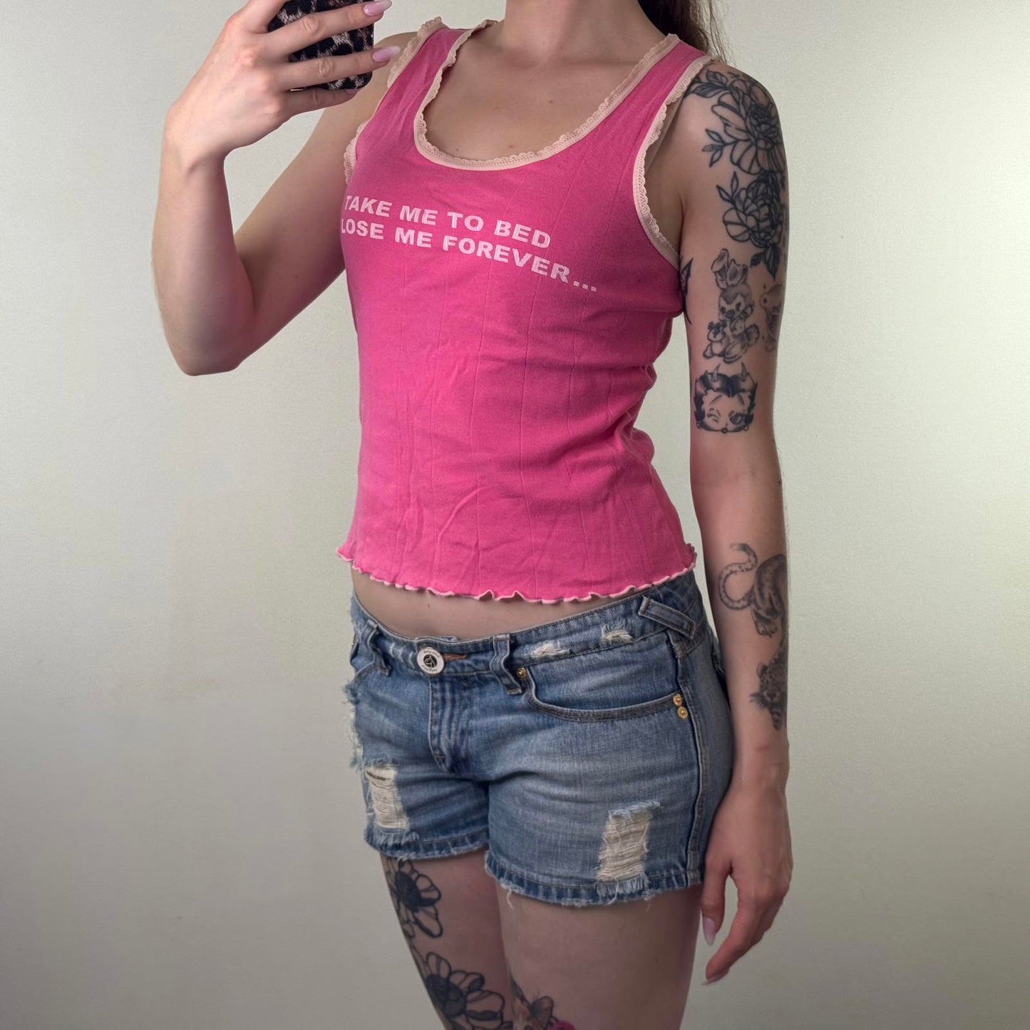 Y2K vintage slogan tank top lace trim lettuce hem hot baby pink round neck