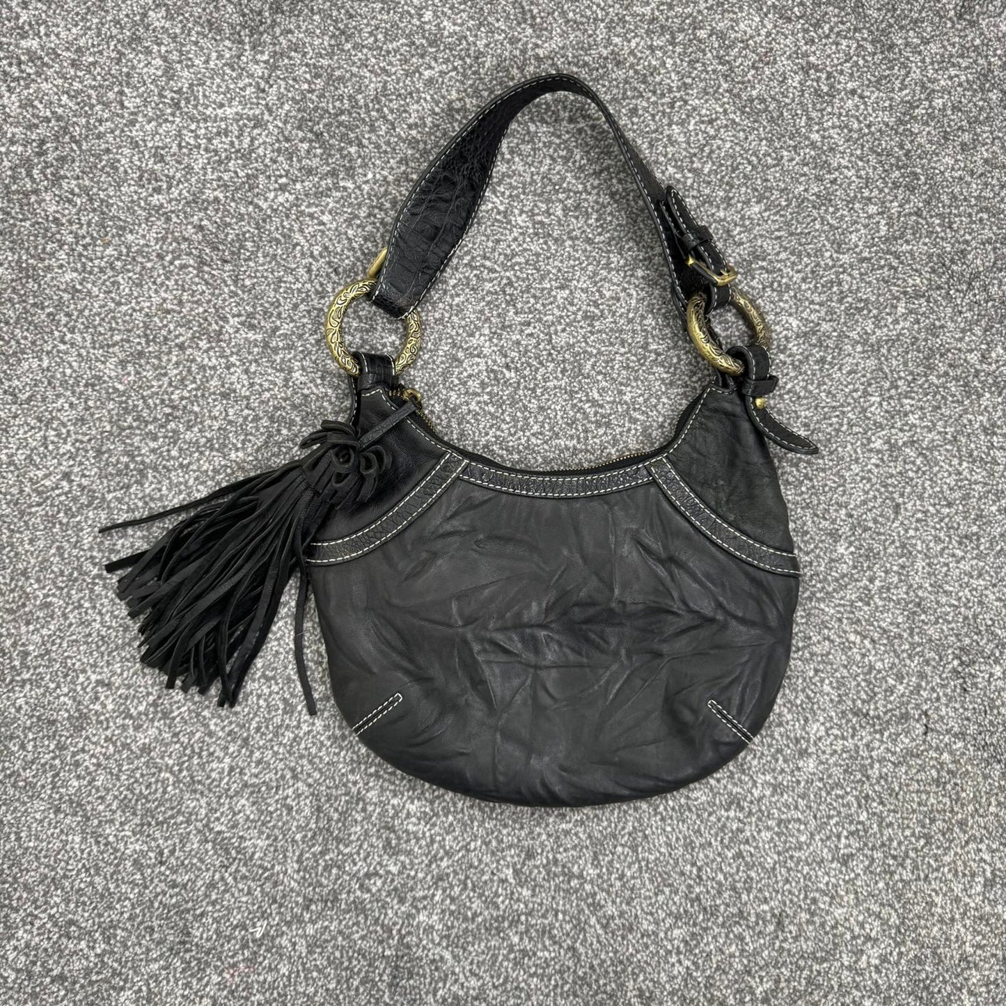 Y2K vintage genuine leather shoulder bag butter soft fringe charm hobo slouchy