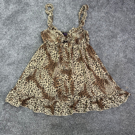 Y2K vintage leopard print baby doll night dress sheer frilly bow