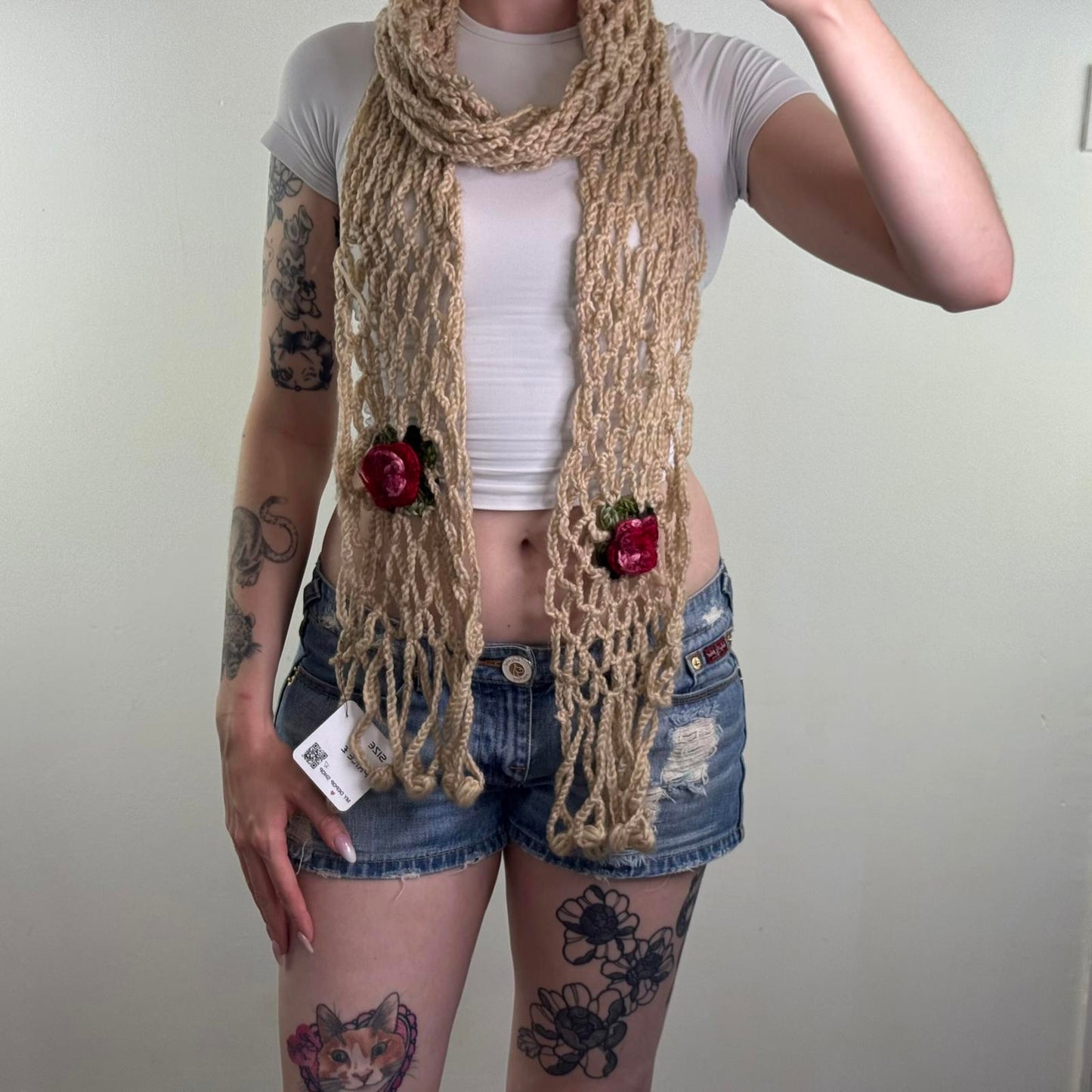 Y2K vintage crochet knit scarf 3D rose chunky beige red