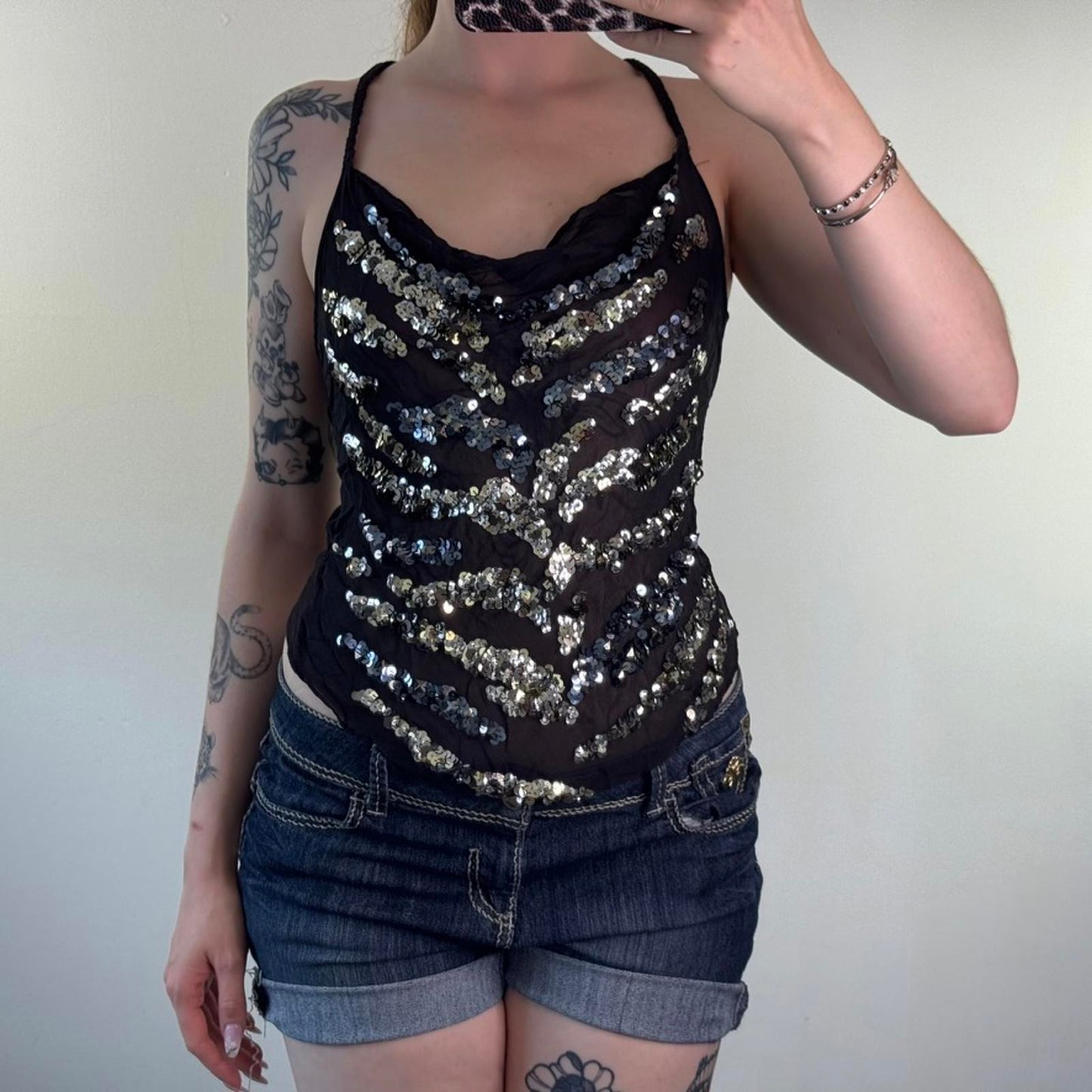 Y2K vintage Karen Millen sheer sequin tiger top racerback cowl neck party ruched