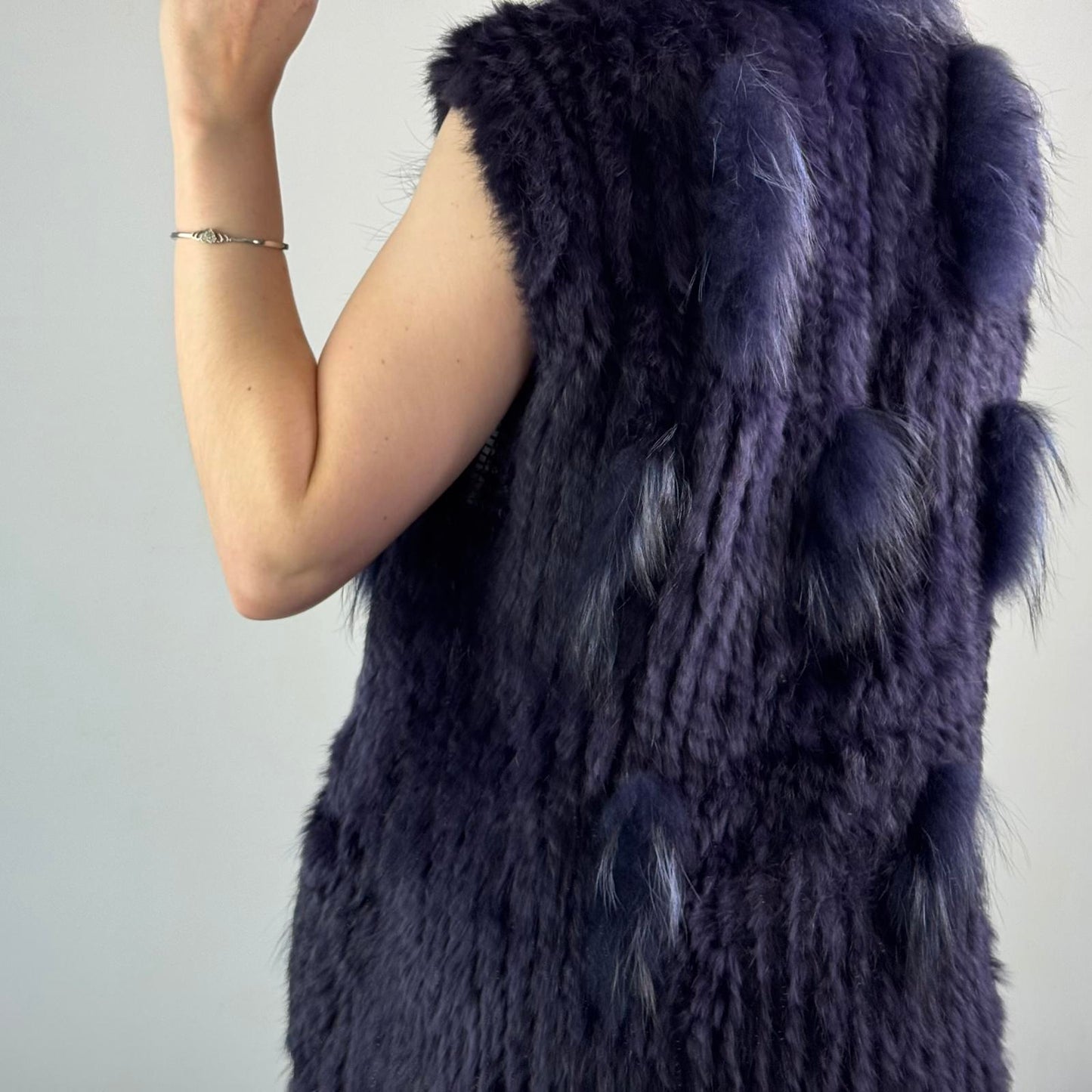 Genuine rabbit/ racoon fur sleeveless jacket gilet dark blue navy side pockets