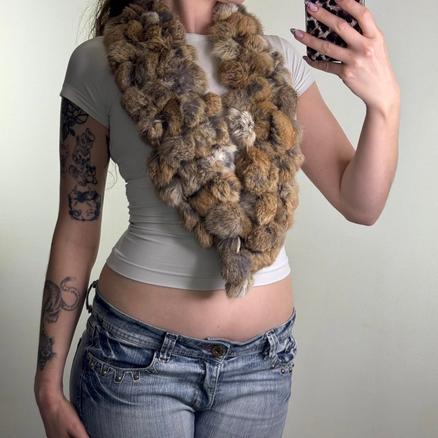 Y2K vintage genuine lapin fur pom pom scarf brown tones