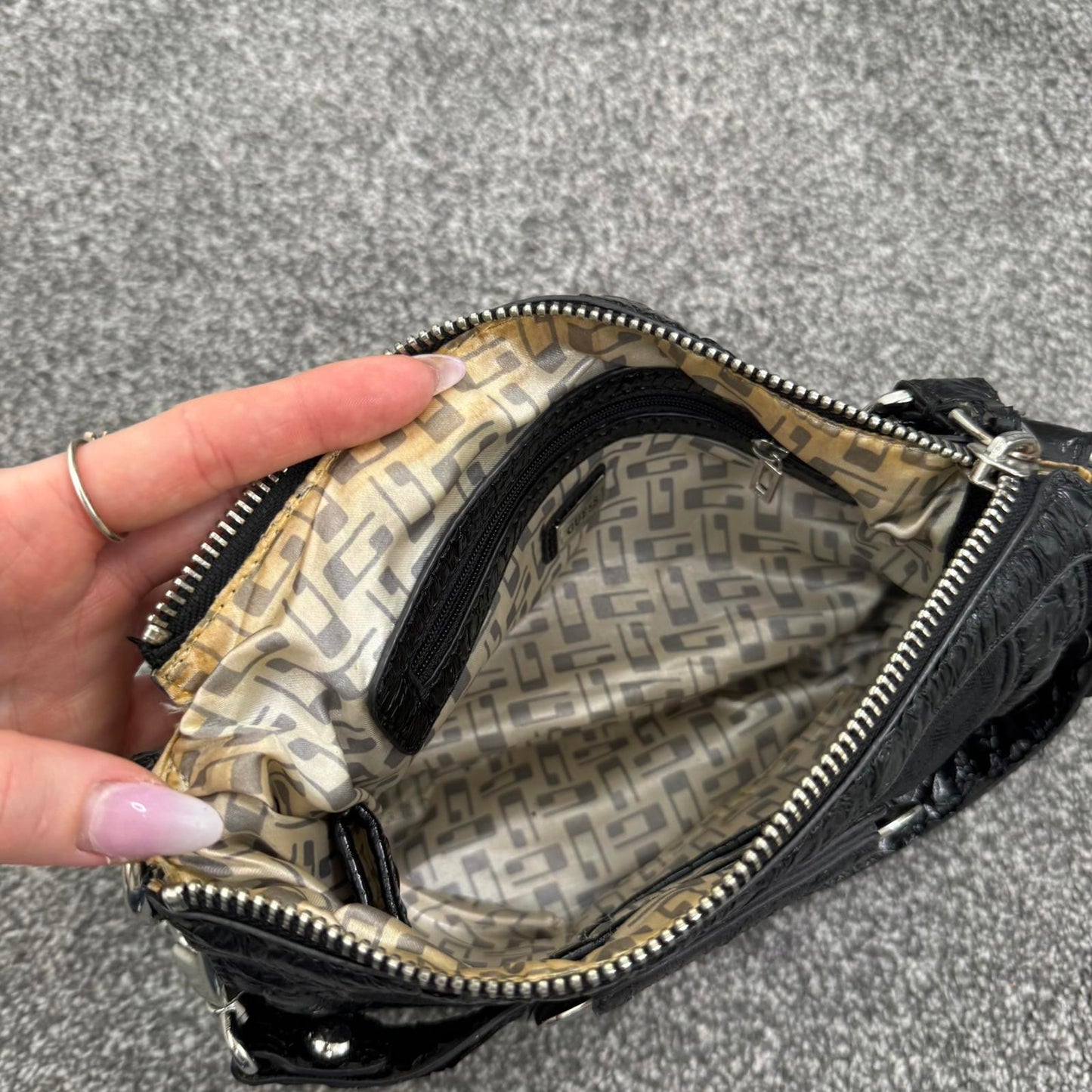 Y2K vintage Guess mini shoulder bag small black silver ruched studded canvas