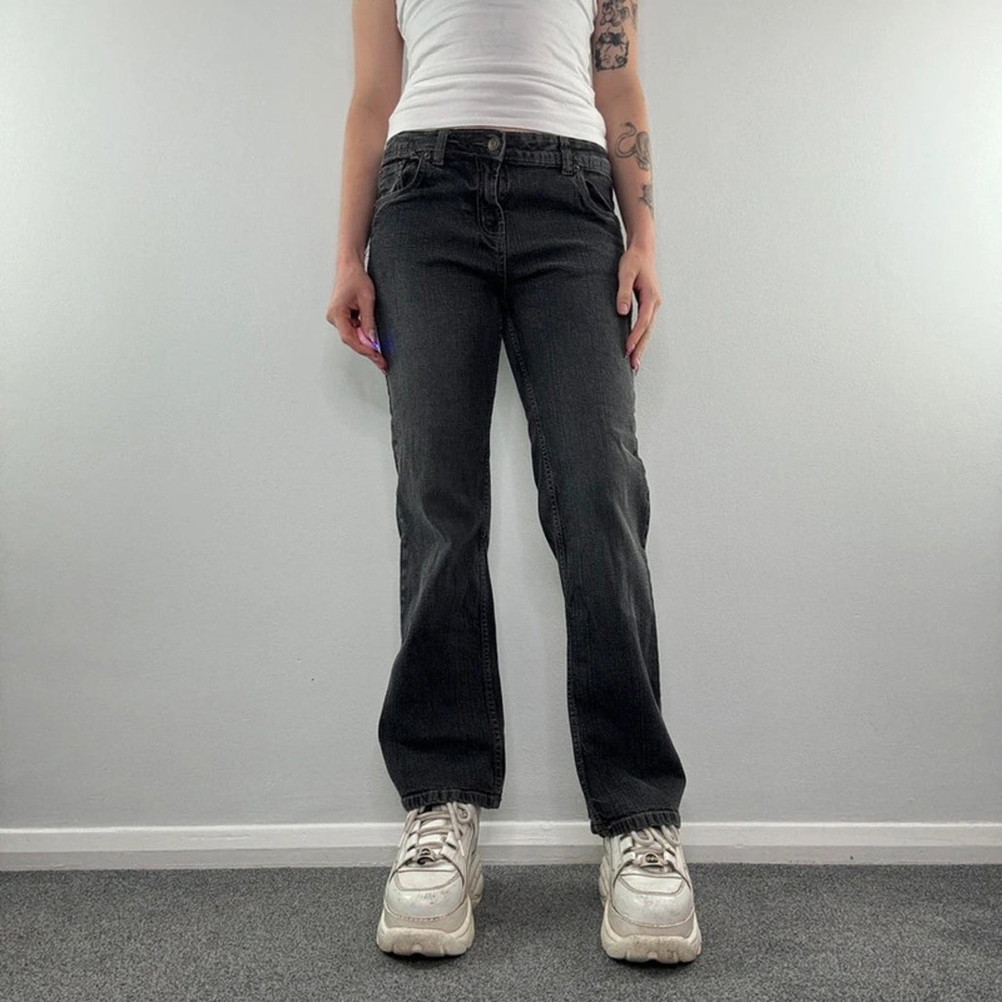 Y2K vintage mid rise grey denim bootcut jeans embroidered pockets