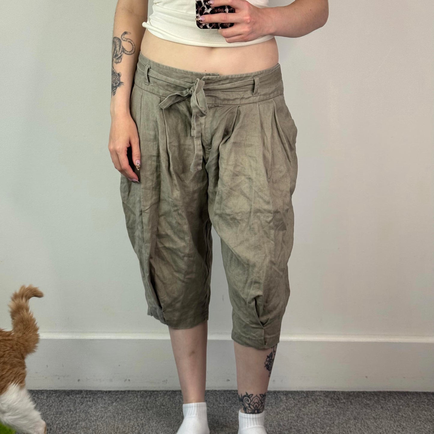 Y2K vintage linen low rise baggy tailored shorts tie bow belt pleated mid calf