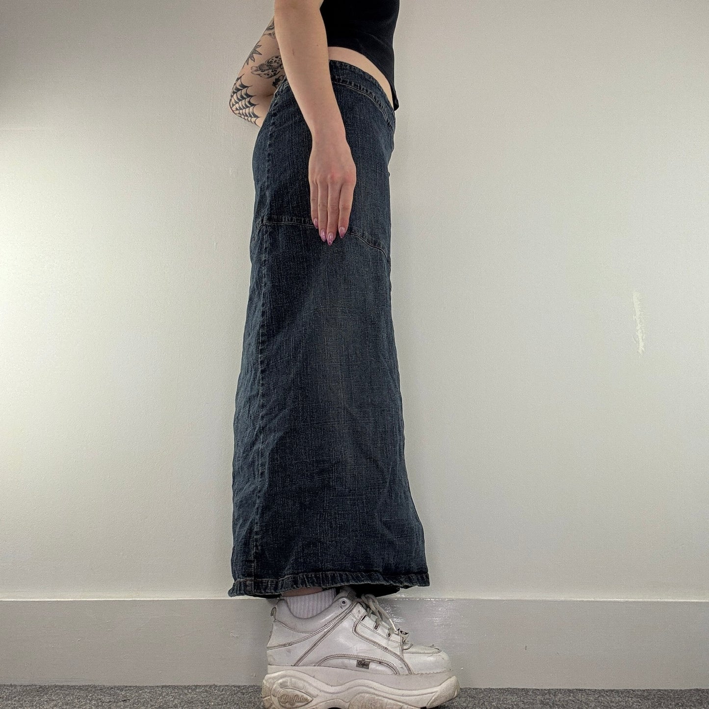 Y2K vintage denim maxi skirt stretchy asymmetrical pattern plus size