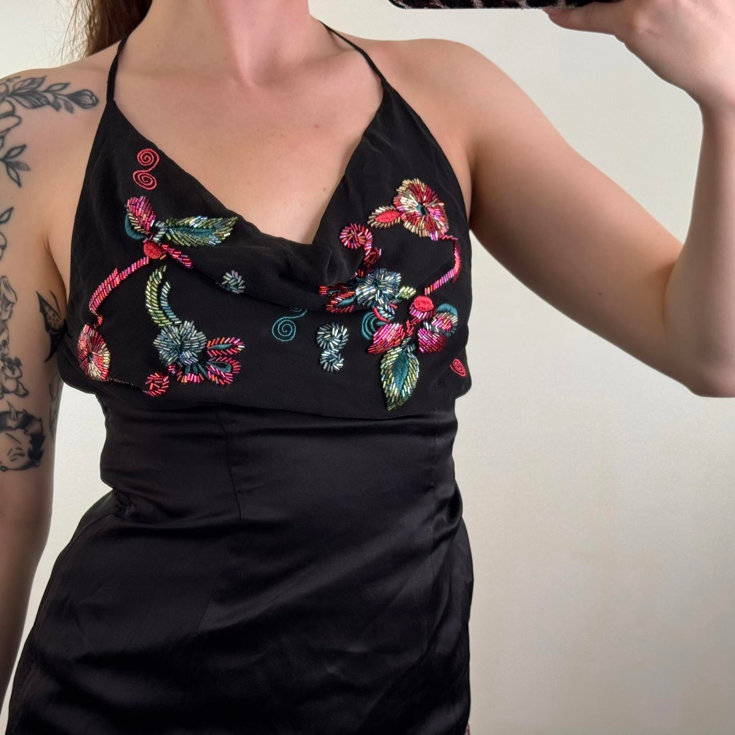 Y2K vintage 100% silk cowl neck top floral beaded halter neck pattern black