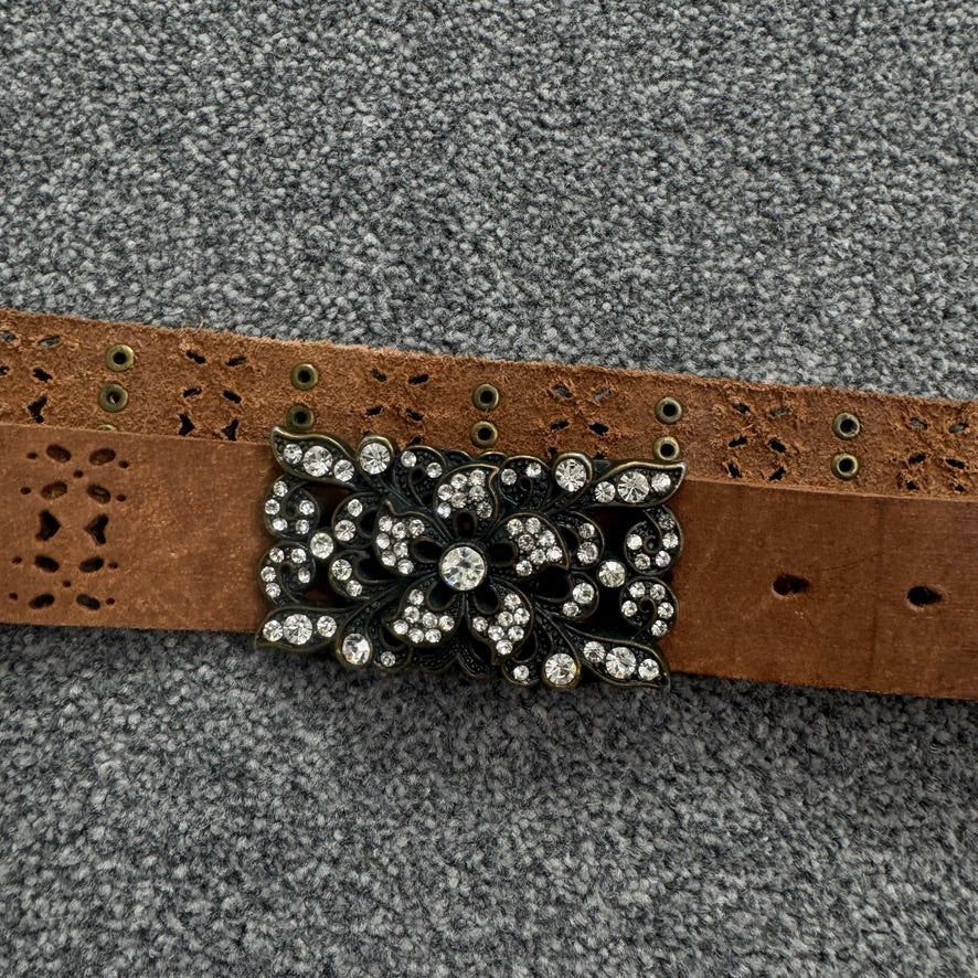 Y2K vintage rhinestone flower leather studded rectangle belt