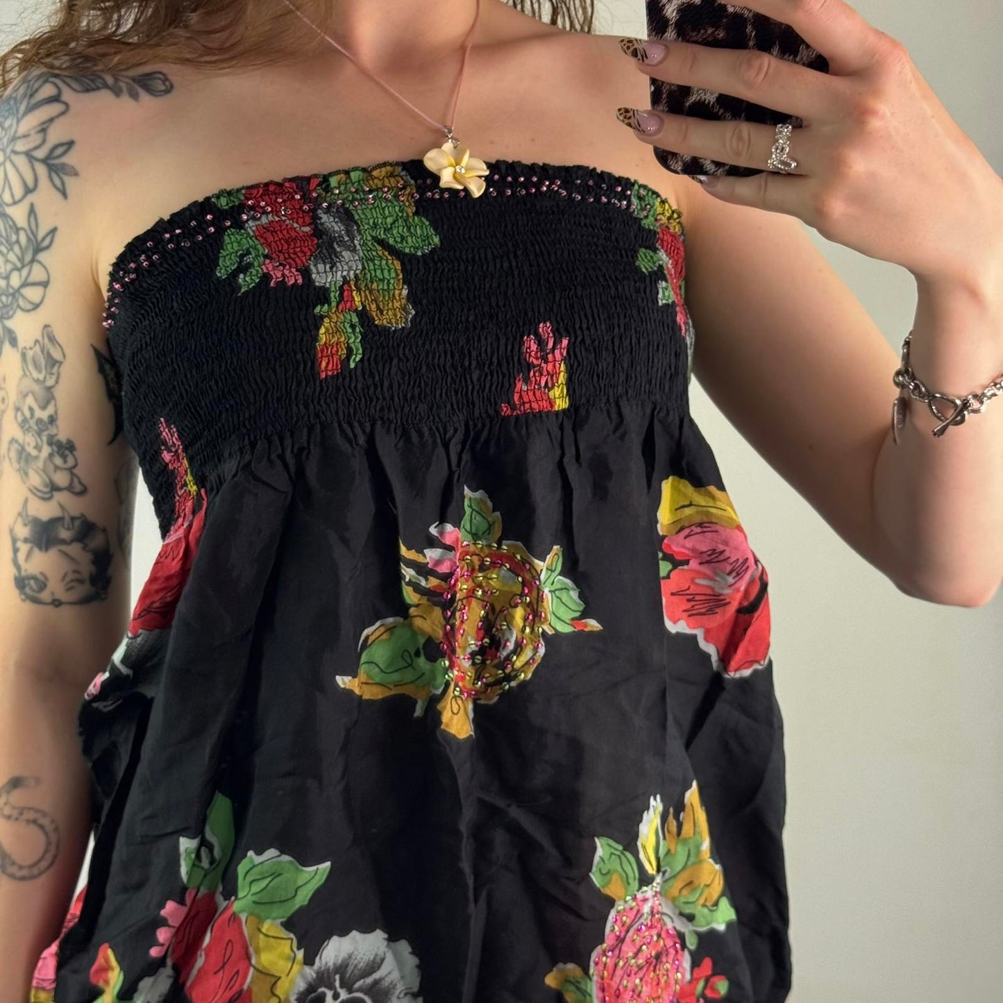 Y2K vintage strapless top floral print beaded stretchy bust floaty flowy