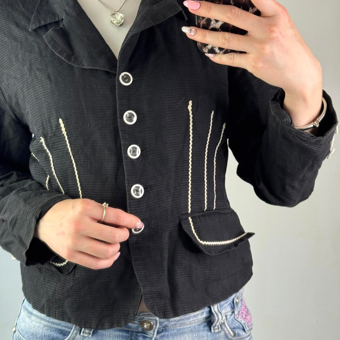 Y2K vintage office fitted blazer button up monochrome contrast stitch formal