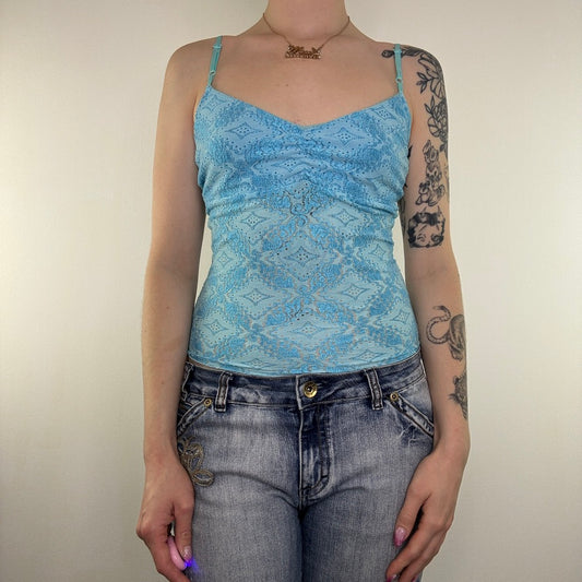 Y2K vintage cami top mesh lace ruched bust slightly cropped cute diamond pattern