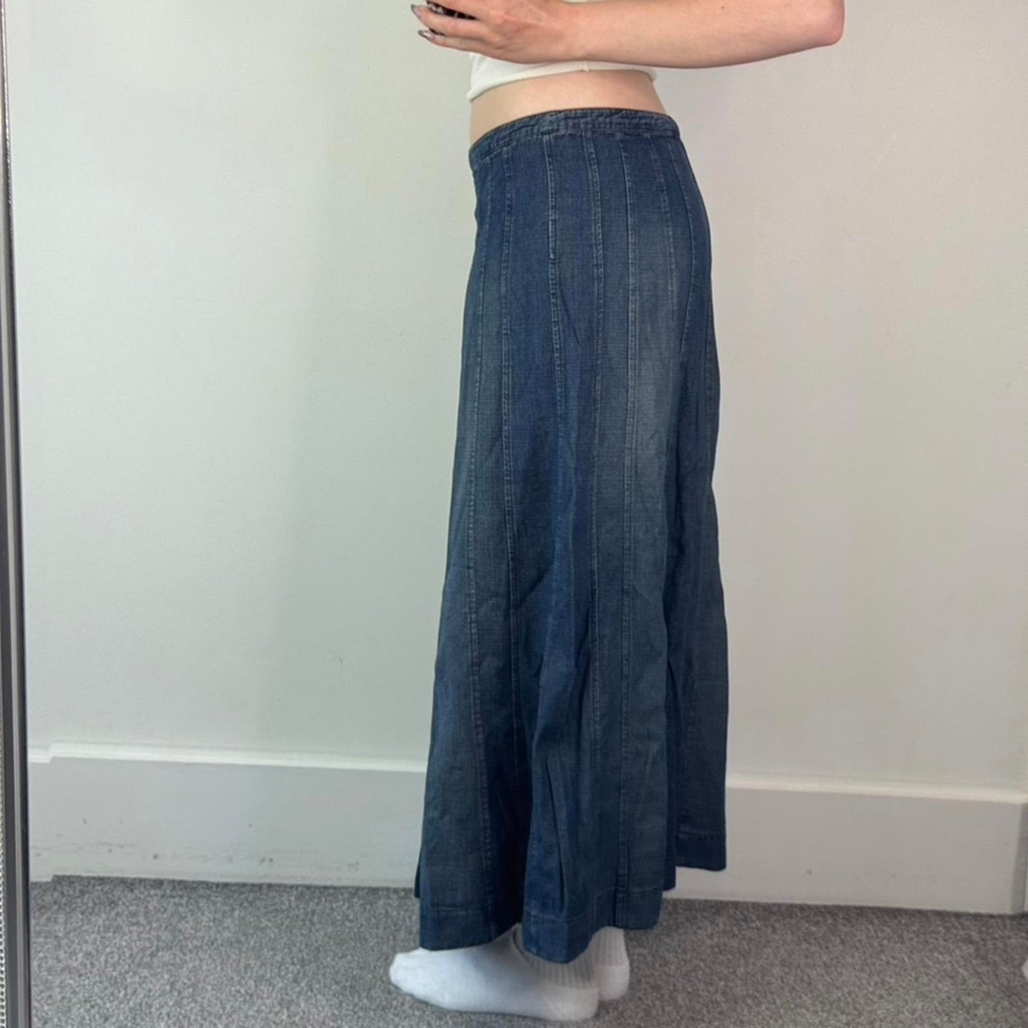 Y2K vintage faded denim maxi skirt a line blue wash vertical stitching