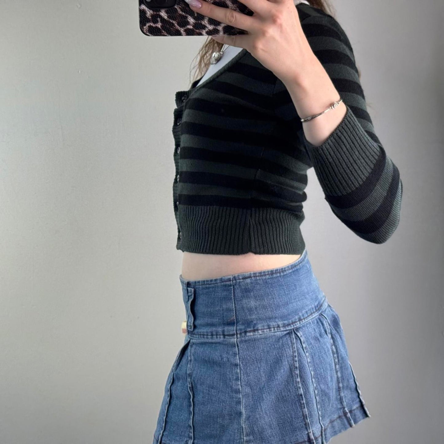 Y2K vintage cropped stripe knit cardigan button up round scoop neck 3/4 sleeve