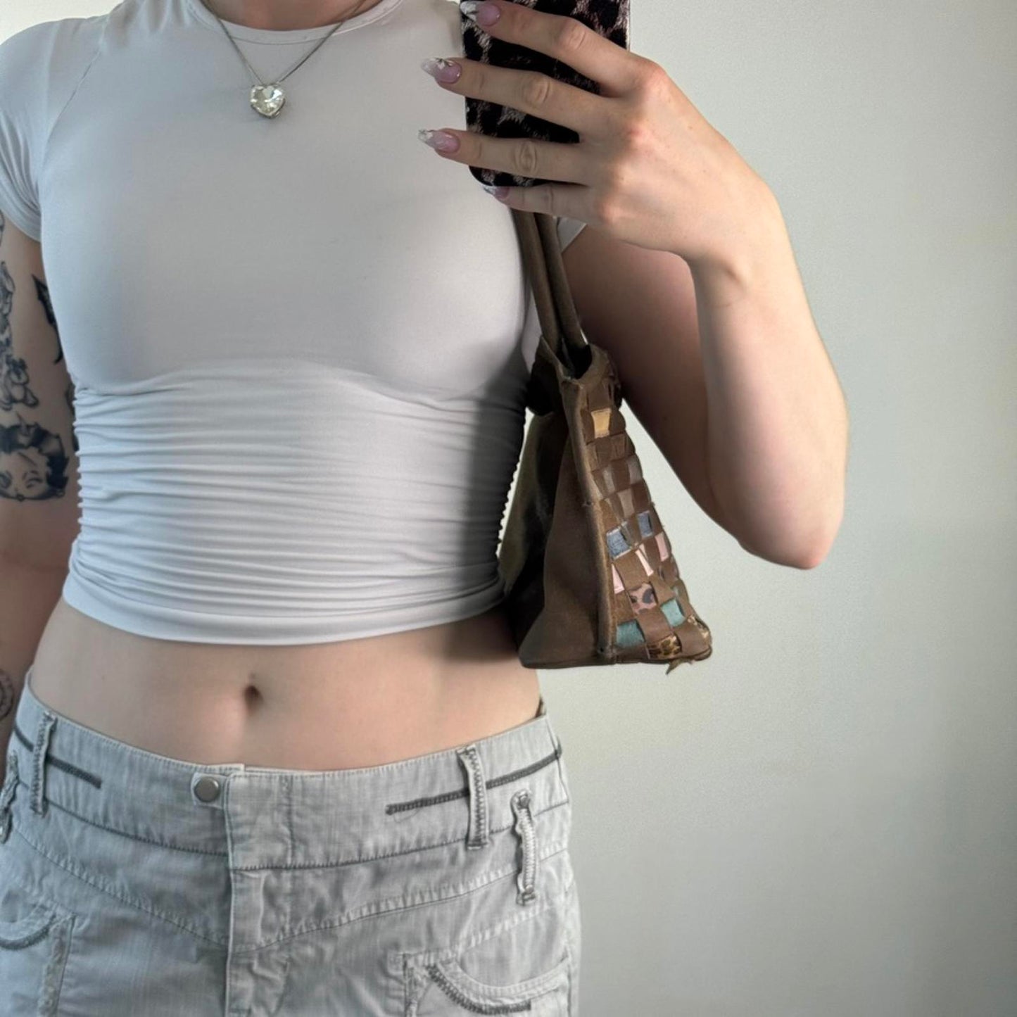 Y2K vintage suede shoulder bag woven leopard print denim pink blue brown