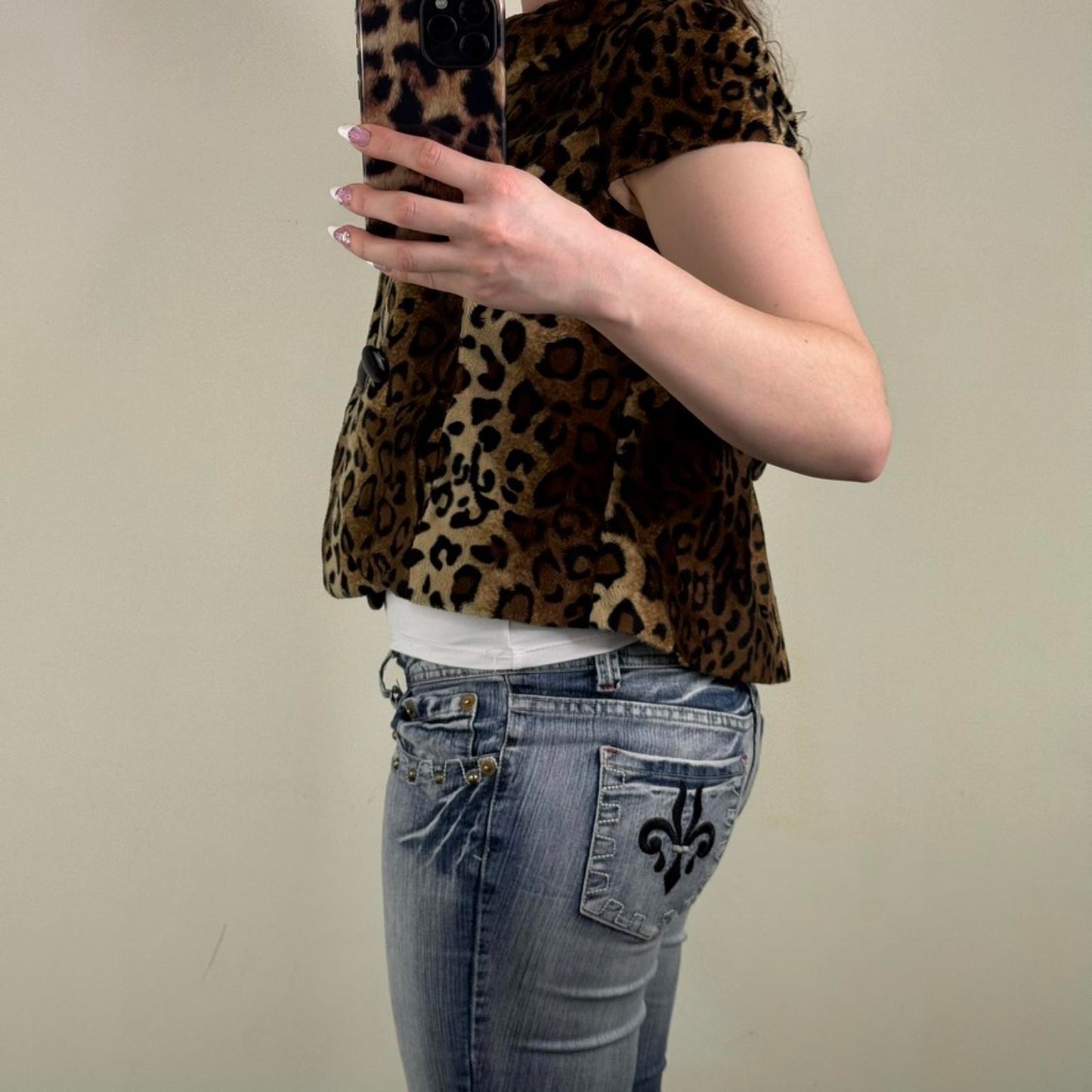 Y2K vintage leopard print pea coat jacket short sleeve high neck short length